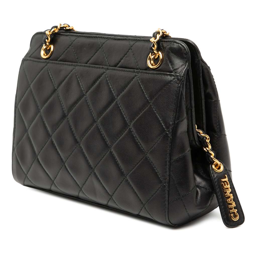 Chanel CC Quilted Lambskin Shoulder Bag Black Leather Good condition - Back View