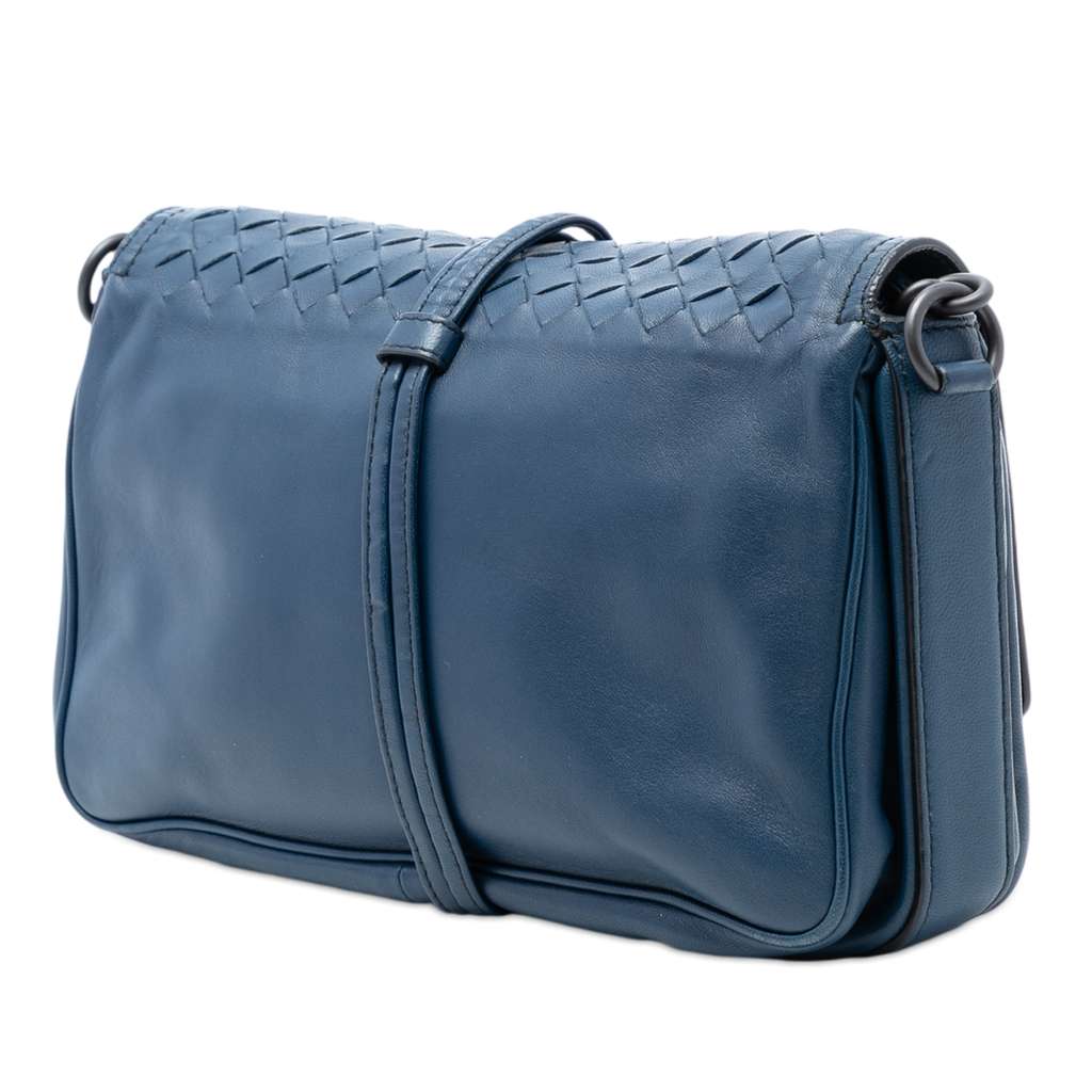 Bottega Veneta Nappa Intrecciato Double Pocket Flap Crossbody Blue Leather Good condition - Back View