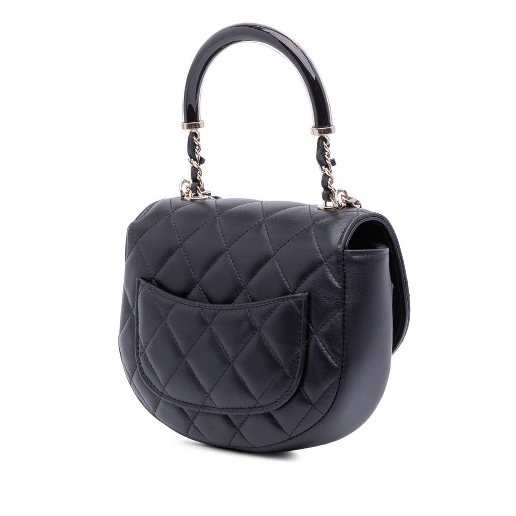 Chanel CC Quilted Lambskin Half Moon Top Handle Flap Black Leather Good condition - Back View