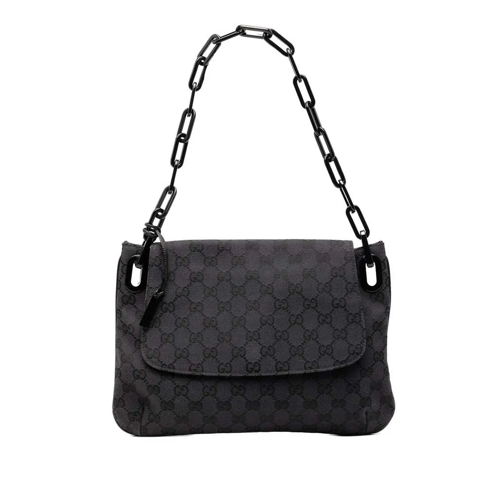 Gucci GG Canvas Resin Chain Flap Shoulder Bag Black Canvas Very good - Front View
