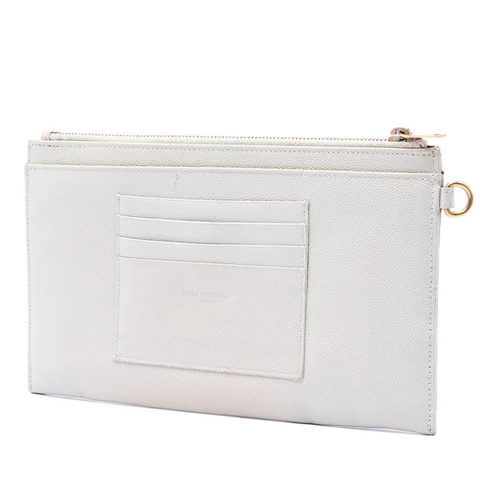 Saint Laurent Grain De Poudre Chevron Monogram Clutch White Leather Good condition - Back View