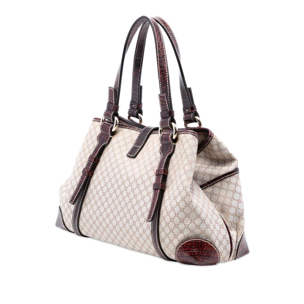 Celine Croc Embossed Leather Trimmed Macadam Canvas Handbag Brown Canvas Good condition - Back View