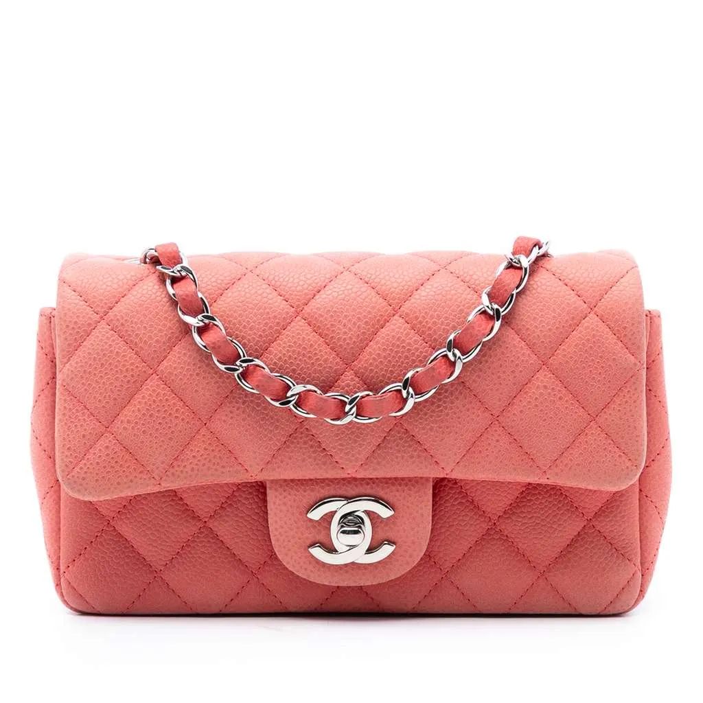 Chanel Mini Rectangular Classic Caviar Single Flap Pink Leather Very good - Front View