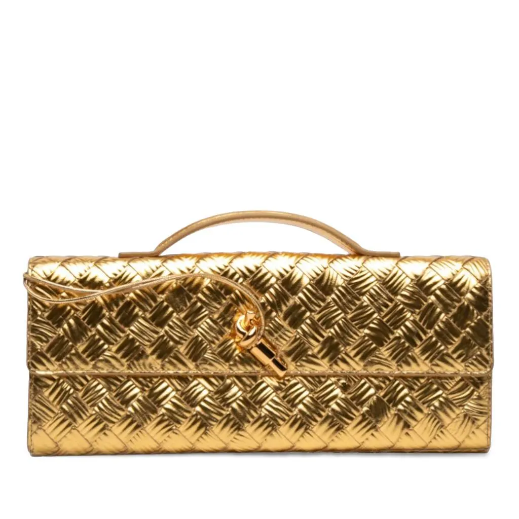 Bottega Veneta Wood Embossed Metallic Leather Intrecciato Andiamo Clutch Gold Leather Good - Front View