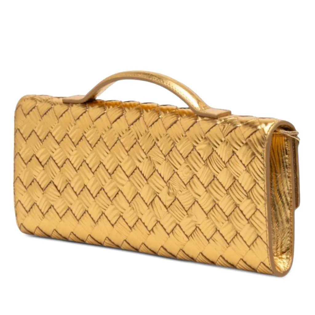 Bottega Veneta Wood Embossed Metallic Leather Intrecciato Andiamo Clutch Gold Leather Good - Back View