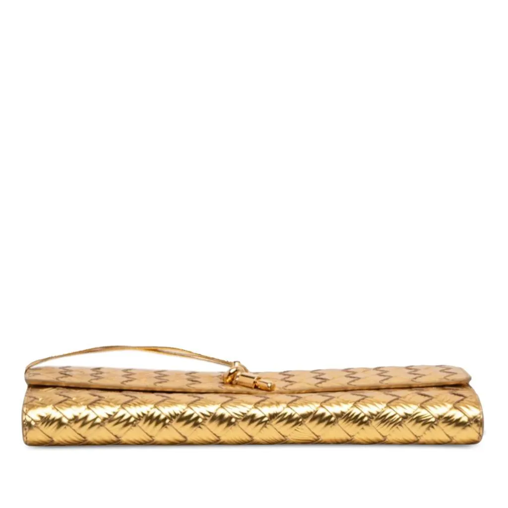 Bottega Veneta Wood Embossed Metallic Leather Intrecciato Andiamo Clutch Gold Leather Good - Inside View