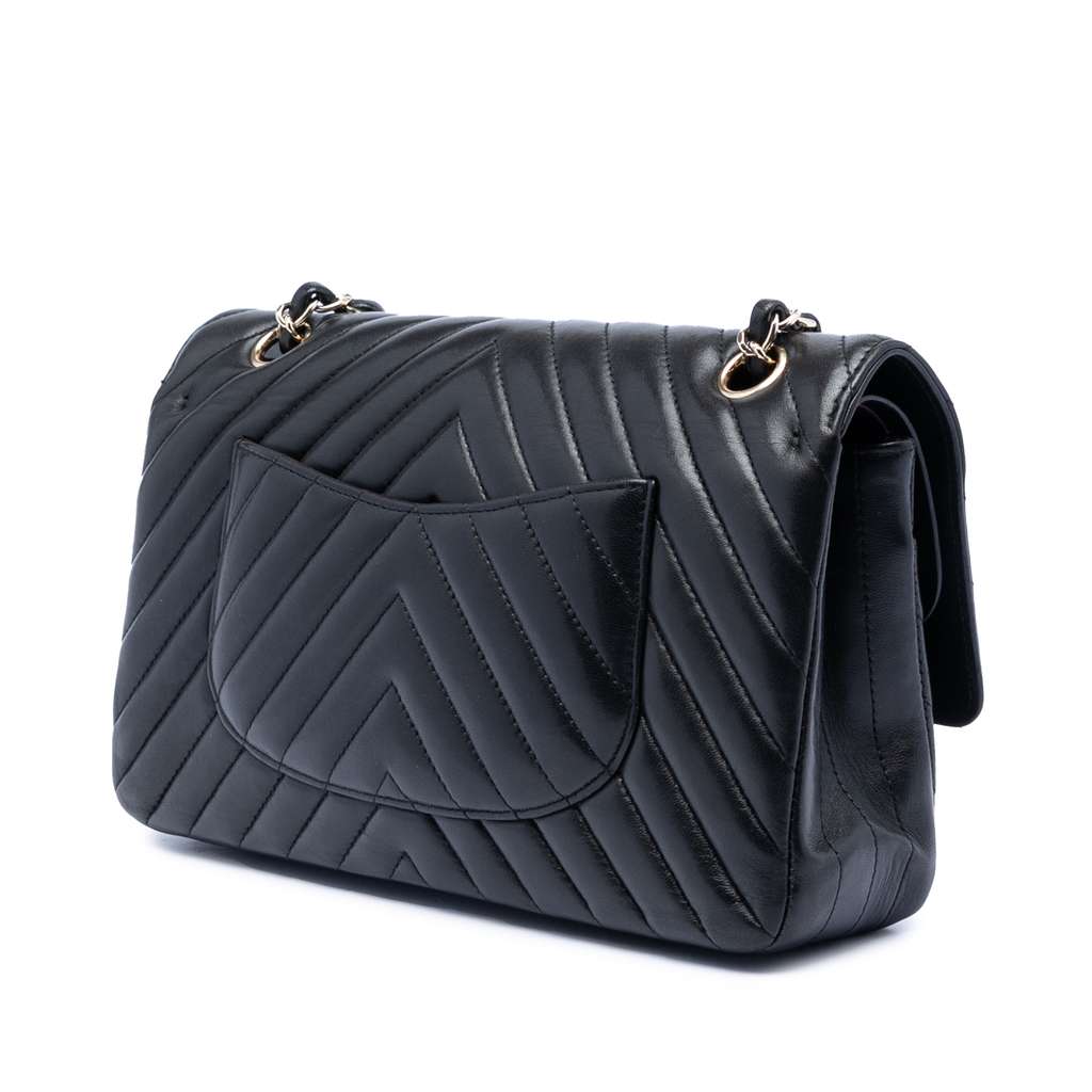 Chanel Medium Classic Chevron Lambskin Double Flap Black Leather Good condition - Back View