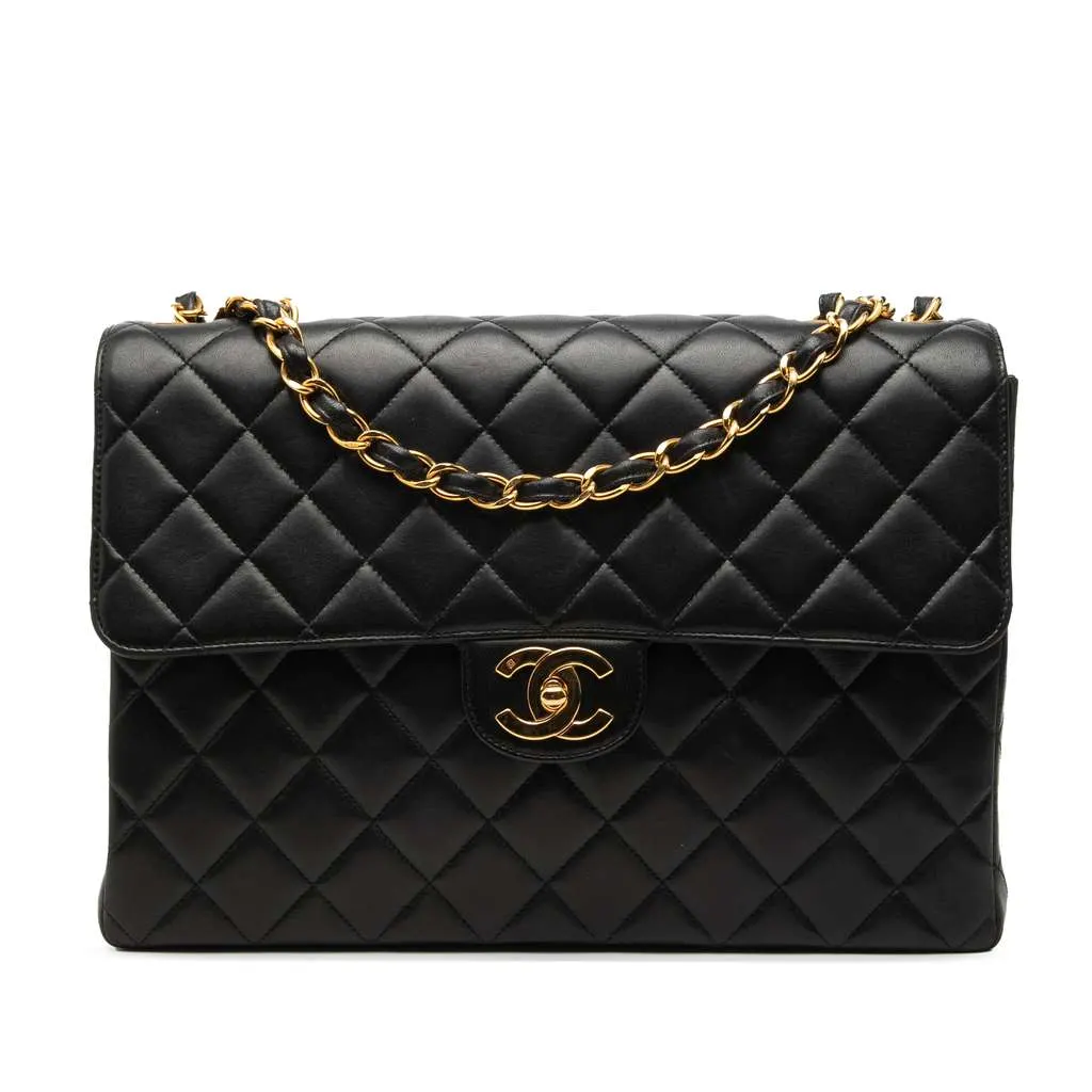 Chanel Jumbo Classic Lambskin Single Flap Black Leather Very good - Front View