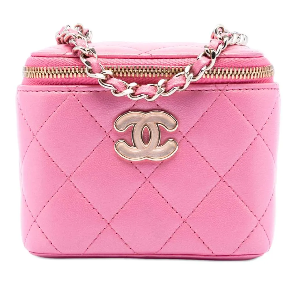 Chanel Mini CC Quilted Lambskin Beaded Heart Charms Chain Vanity Case Pink Leather Very good - Front View