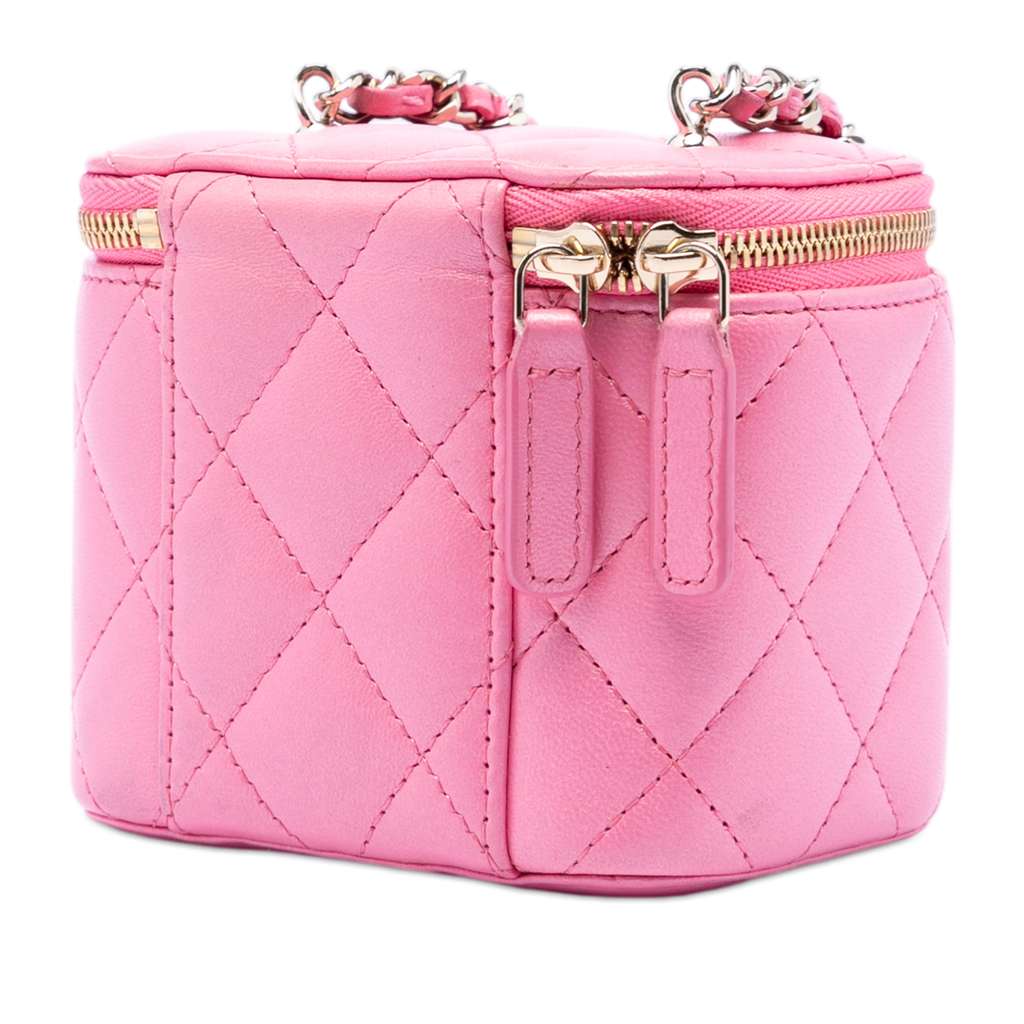 Chanel Mini CC Quilted Lambskin Beaded Heart Charms Chain Vanity Case Pink Leather Good condition - Back View