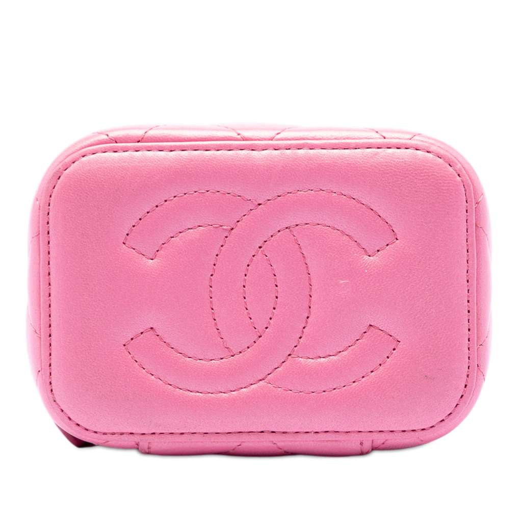 Chanel Mini CC Quilted Lambskin Beaded Heart Charms Chain Vanity Case Pink Leather Good condition - Inside View