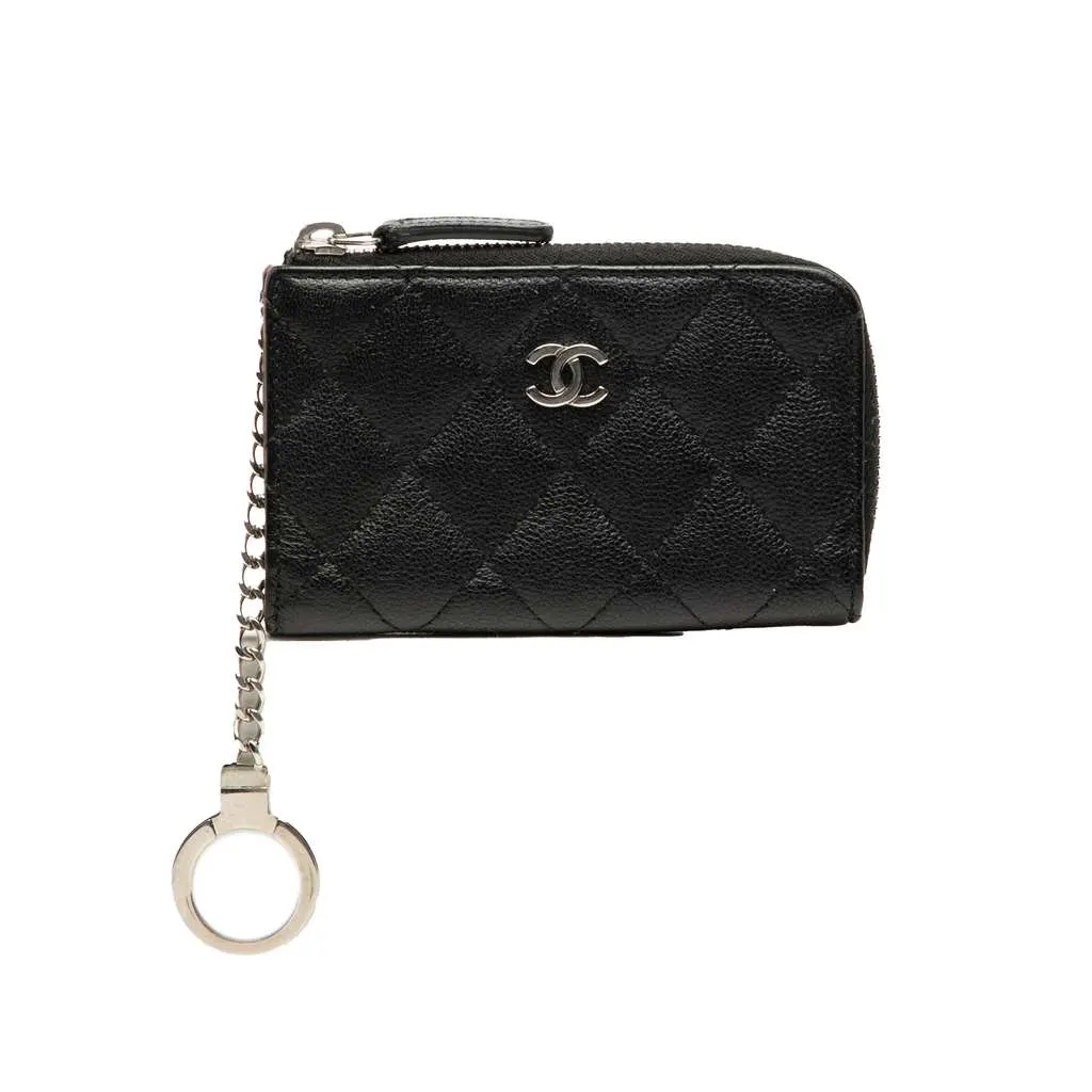 Chanel Quilted Caviar Zipped Key Holder Coin Case Black Leather Very good - Front View