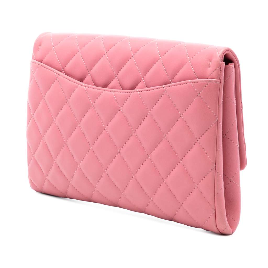 Chanel CC Quilted Lambskin Flap Clutch on Chain Pink Leather Good condition - Back View