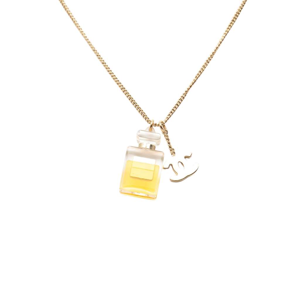 Chanel Gold Plated No 5 Perfume Bottle and CC Pendant Necklace Gold Metal Good condition - Inside View