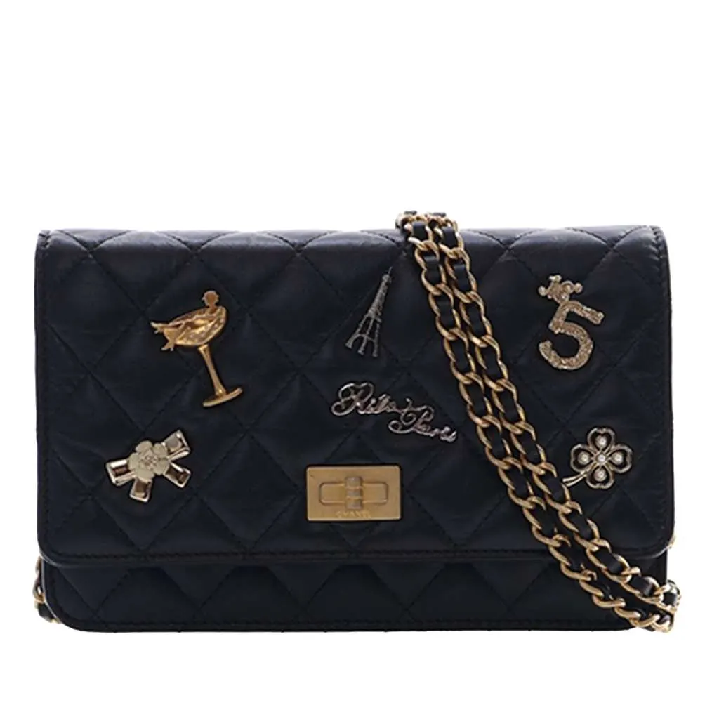Chanel Quilted Aged Calfskin Reissue 2.55 Lucky Charms Wallet On Chain Black Leather Very good - Front View
