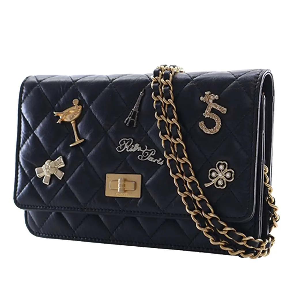 Chanel Quilted Aged Calfskin Reissue 2.55 Lucky Charms Wallet On Chain Black Leather Very good - Back View