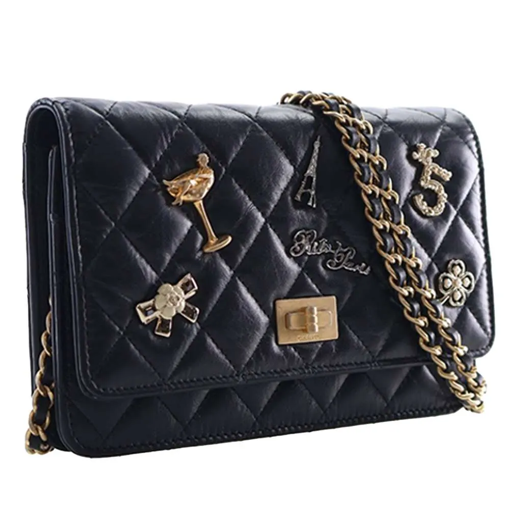 Chanel Quilted Aged Calfskin Reissue 2.55 Lucky Charms Wallet On Chain Black Leather Very good - Inside View
