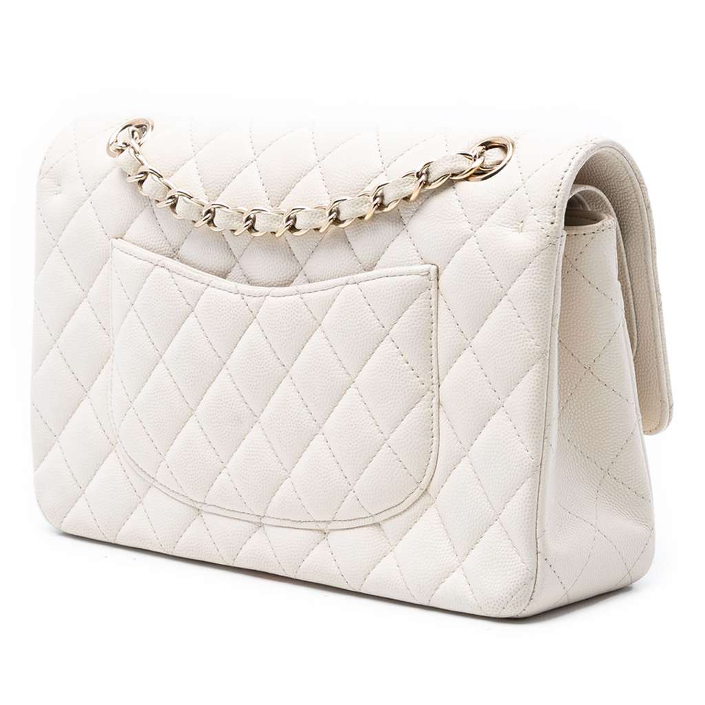 Chanel Medium Classic Caviar Double Flap White Leather Good condition - Back View