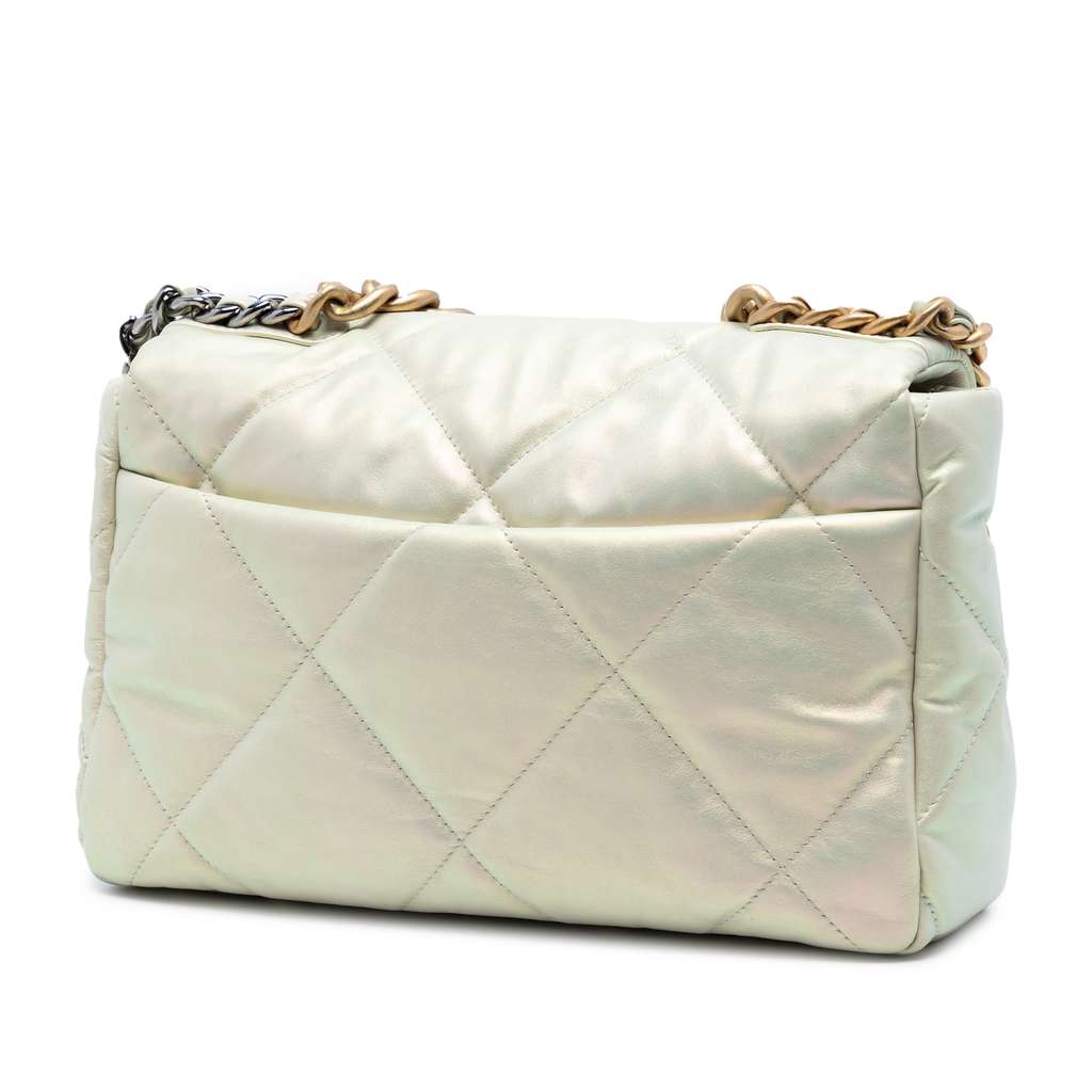 Chanel Large Iridescent Lambskin 19 Flap Silver Leather Good condition - Back View