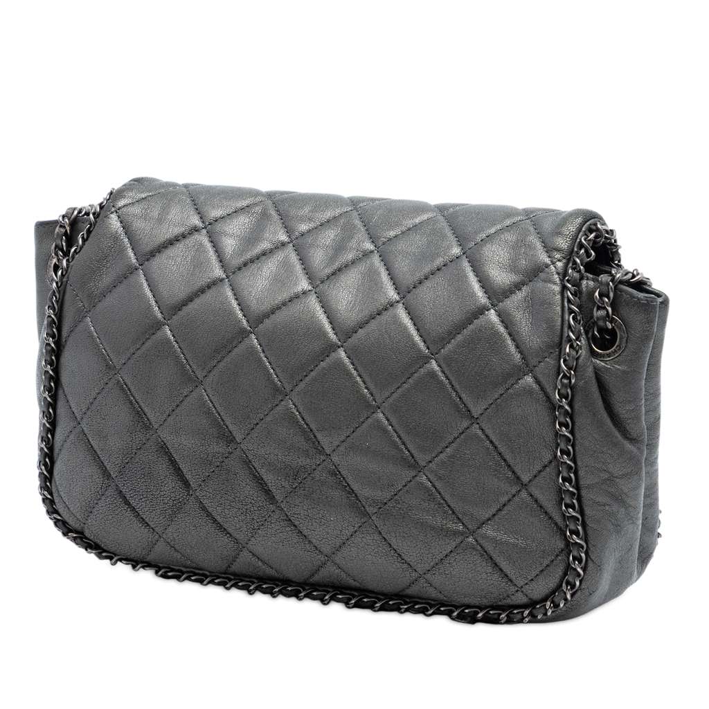 Chanel Small Quilted Calfskin CC Enchained Accordion Flap Grey Leather Good condition - Back View