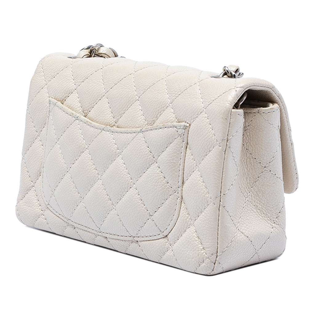 Chanel Mini Rectangular Classic Caviar Single Flap White Leather Good condition - Back View