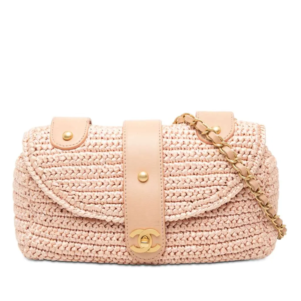 Chanel CC Woven Raffia Flap Pink Very good - Front View