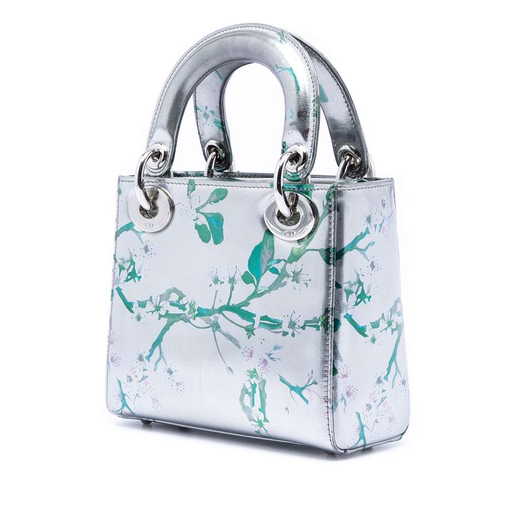 Dior Mini Metallic Lambskin Floral Printed Lady Dior Silver Leather Good condition - Back View