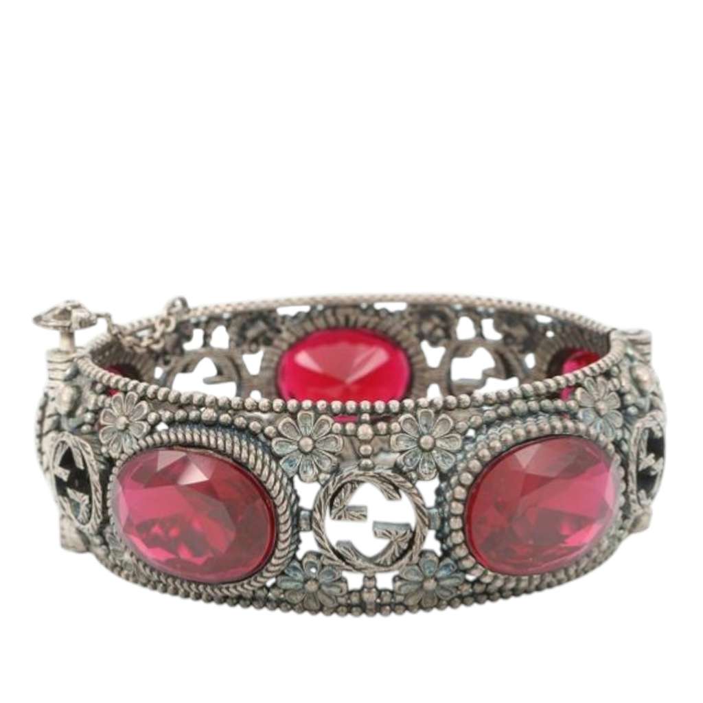 Gucci Sterling Silver and Stone Interlocking G Flower Hinged Bangle Silver Silver Good condition - Back View