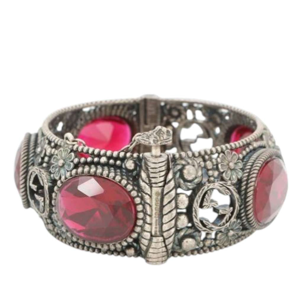Gucci Sterling Silver and Stone Interlocking G Flower Hinged Bangle Silver Silver Good condition - Inside View