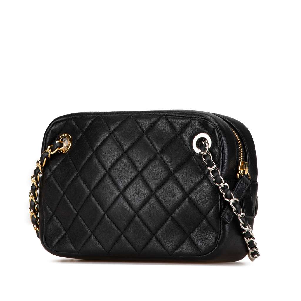 Chanel CC Quilted Lambskin Chain Camera Bag Black Leather Good condition - Back View