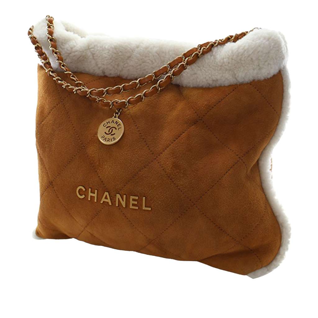 Chanel Large Quilted Suede 22 Hobo with Shearling Trim Brown Leather Good condition - Back View