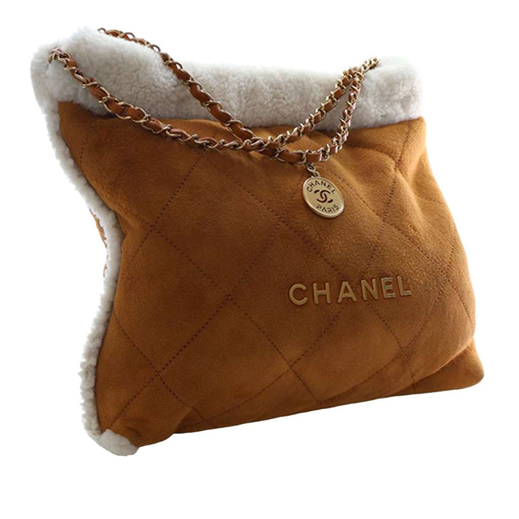 Chanel Large Quilted Suede 22 Hobo with Shearling Trim Brown Leather Good condition - Inside View