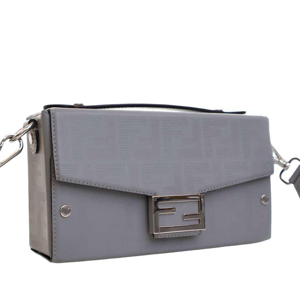 Fendi Zucca Calfskin Soft Trunk Baguette Satchel Grey Leather Good condition - Inside View