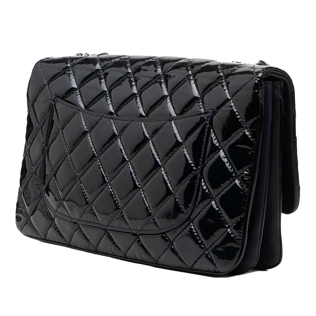 Chanel Jumbo Quilted Patent 3 Compartment Flap Blue Leather Good condition - Back View