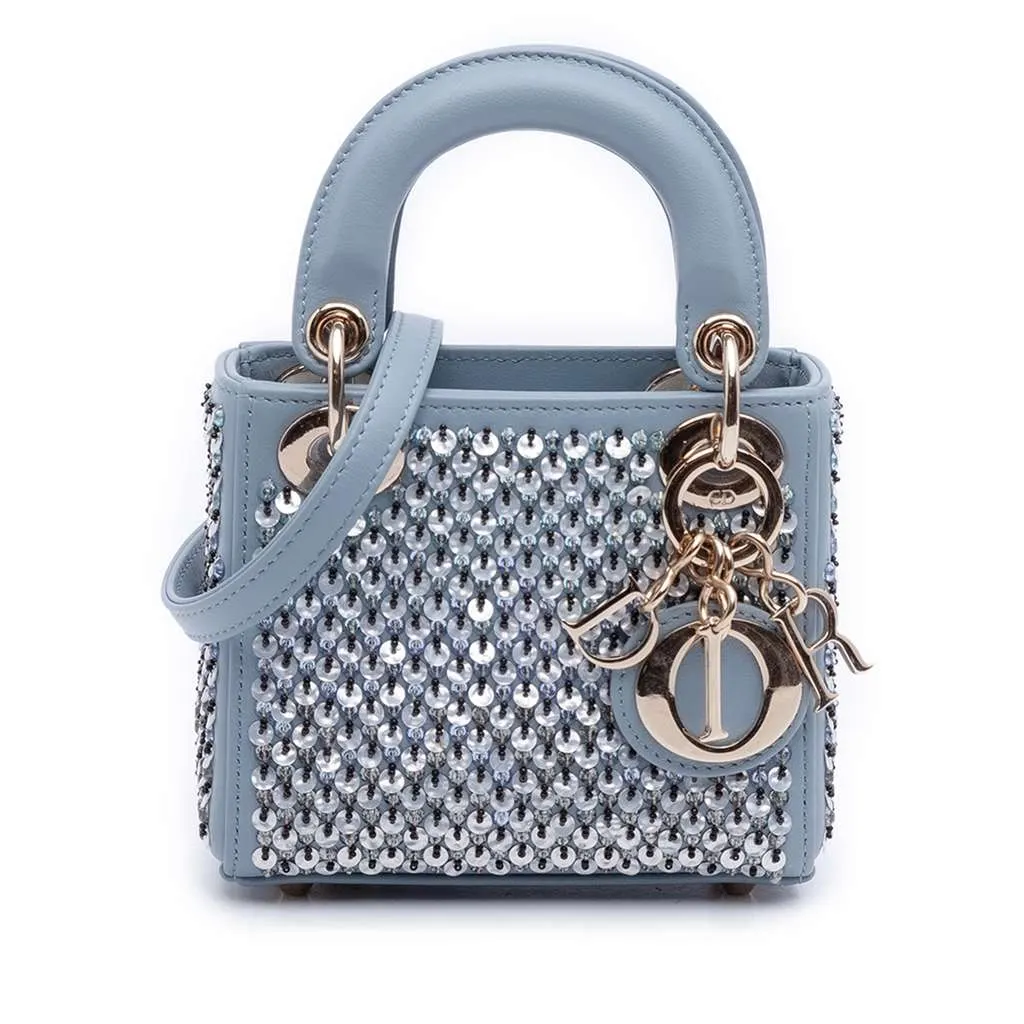 Dior Micro Leather Sequined and Beaded Embellishment Lady Dior Blue Leather Good - Front View
