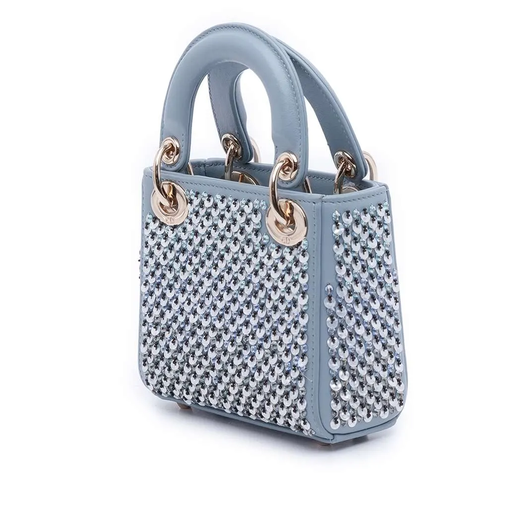 Dior Micro Leather Sequined and Beaded Embellishment Lady Dior Blue Leather Good - Back View