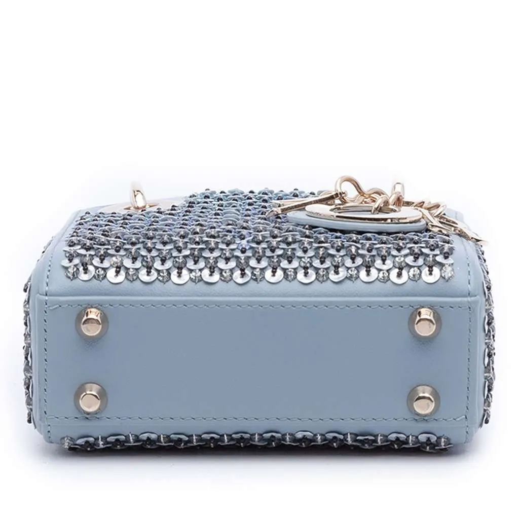 Dior Micro Leather Sequined and Beaded Embellishment Lady Dior Blue Leather Good - Inside View