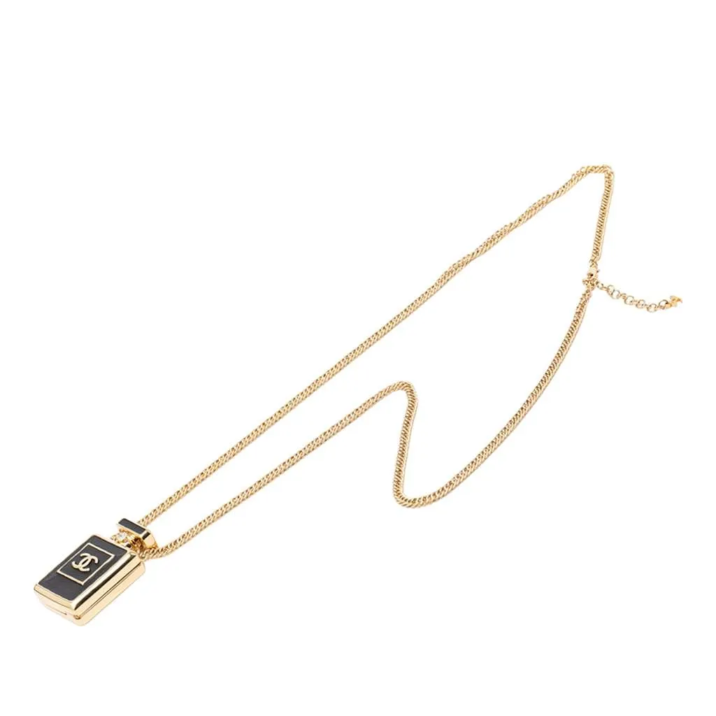 Chanel Gold Plated Leather and Rhinestone CC Perfume Bottle Pendant Necklace Gold Metal Good - Front View
