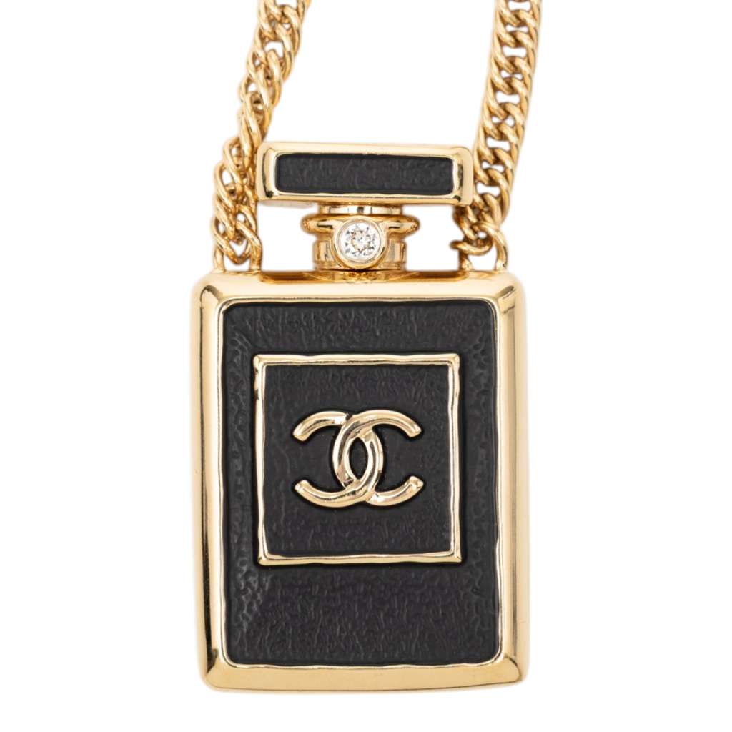 Chanel Gold Plated Leather and Rhinestone CC Perfume Bottle Pendant Necklace Gold Metal Good condition - Back View