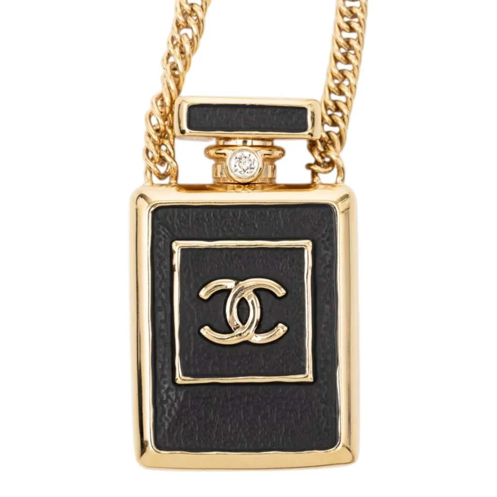 Chanel Gold Plated Leather and Rhinestone CC Perfume Bottle Pendant Necklace Gold Metal Good - Back View