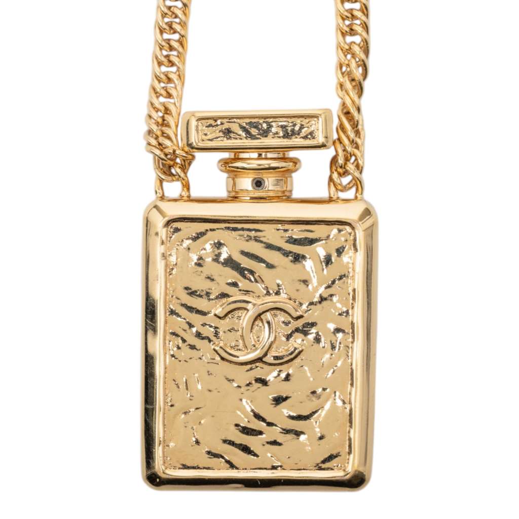Chanel Gold Plated Leather and Rhinestone CC Perfume Bottle Pendant Necklace Gold Metal Good condition - Inside View