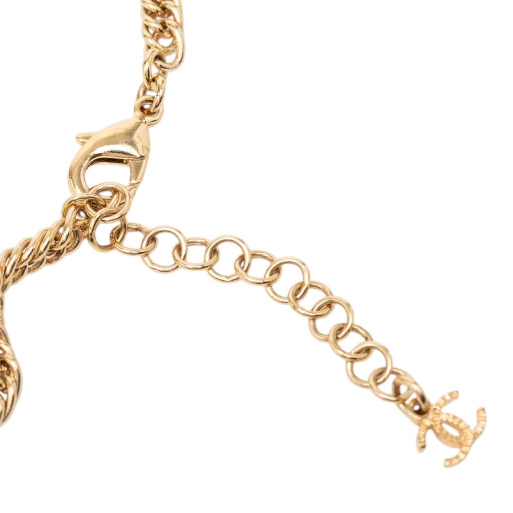 Chanel Gold Plated Leather and Rhinestone CC Perfume Bottle Pendant Necklace Gold Metal Good condition - Box View