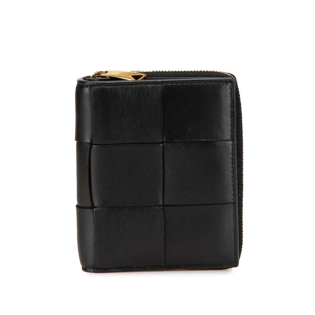 Bottega Veneta Lambskin Maxi Intreccio Cassette Bifold Zip Wallet Black Leather Very good - Front View