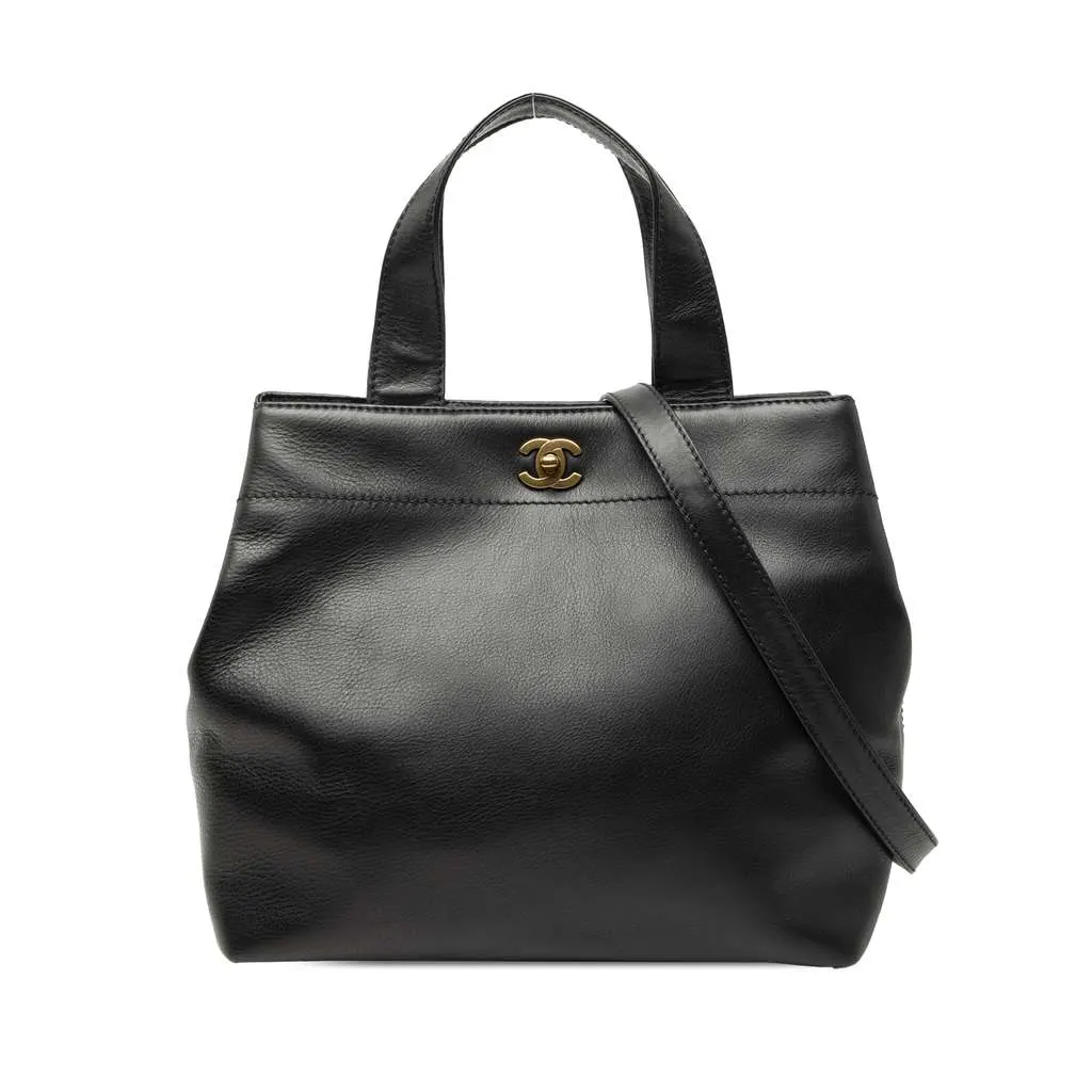 Chanel CC Lambskin Turnlock Satchel Black Leather Good - Front View
