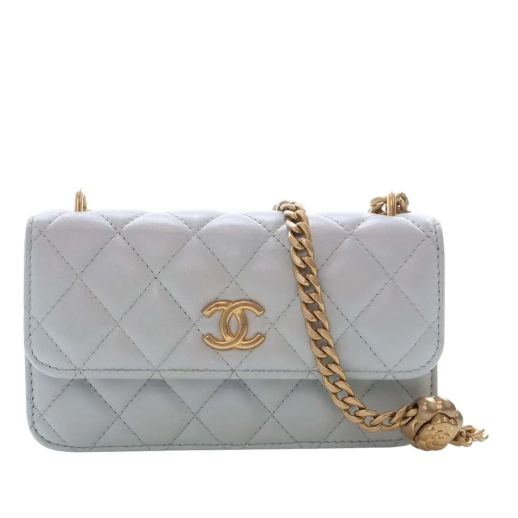 Chanel Mini CC Lambskin Camellia Crush Clutch With Chain Blue Leather Good - Front View