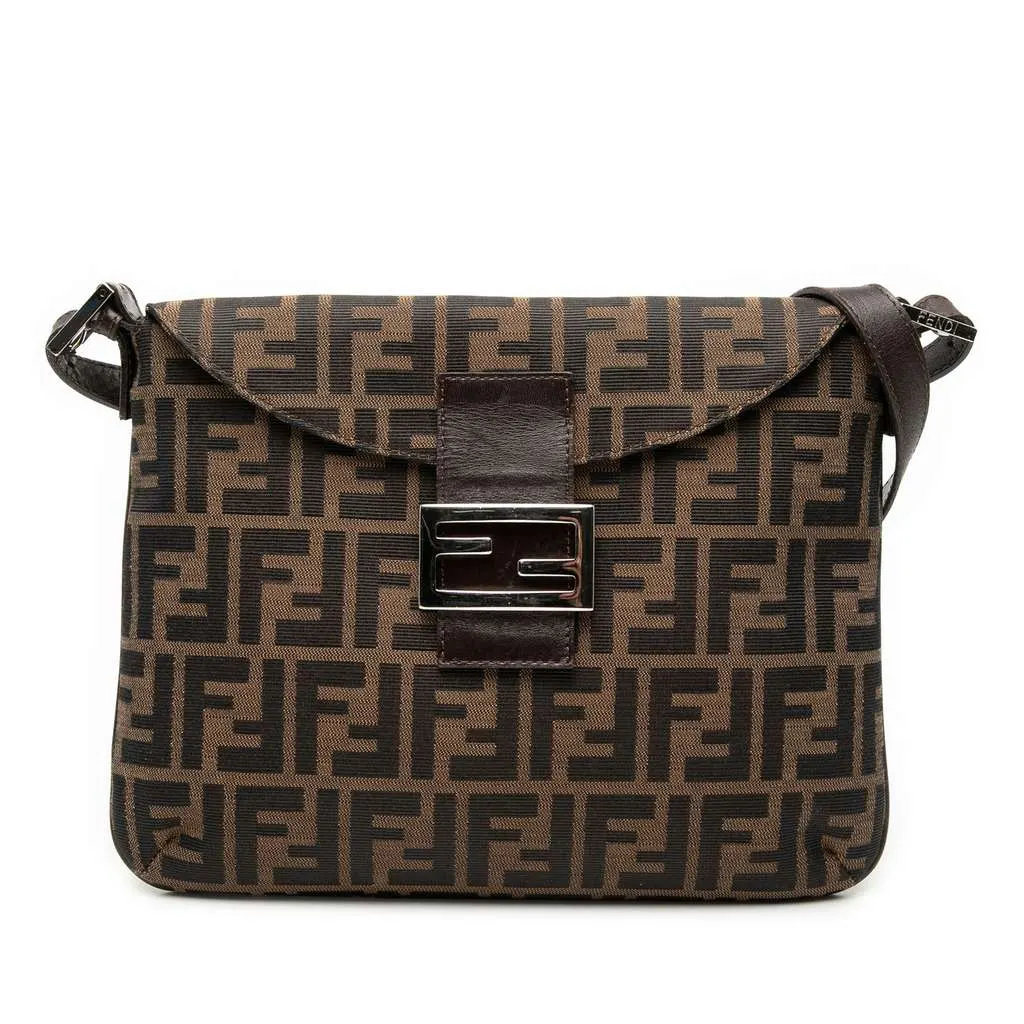 Fendi Zucca Canvas Double Flap Shoulder Bag Brown Canvas Good - Front View