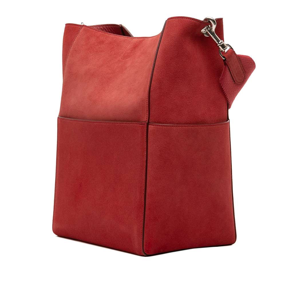 Celine Medium Suede Seau Sangle Bucket Bag Red Leather Good condition - Back View
