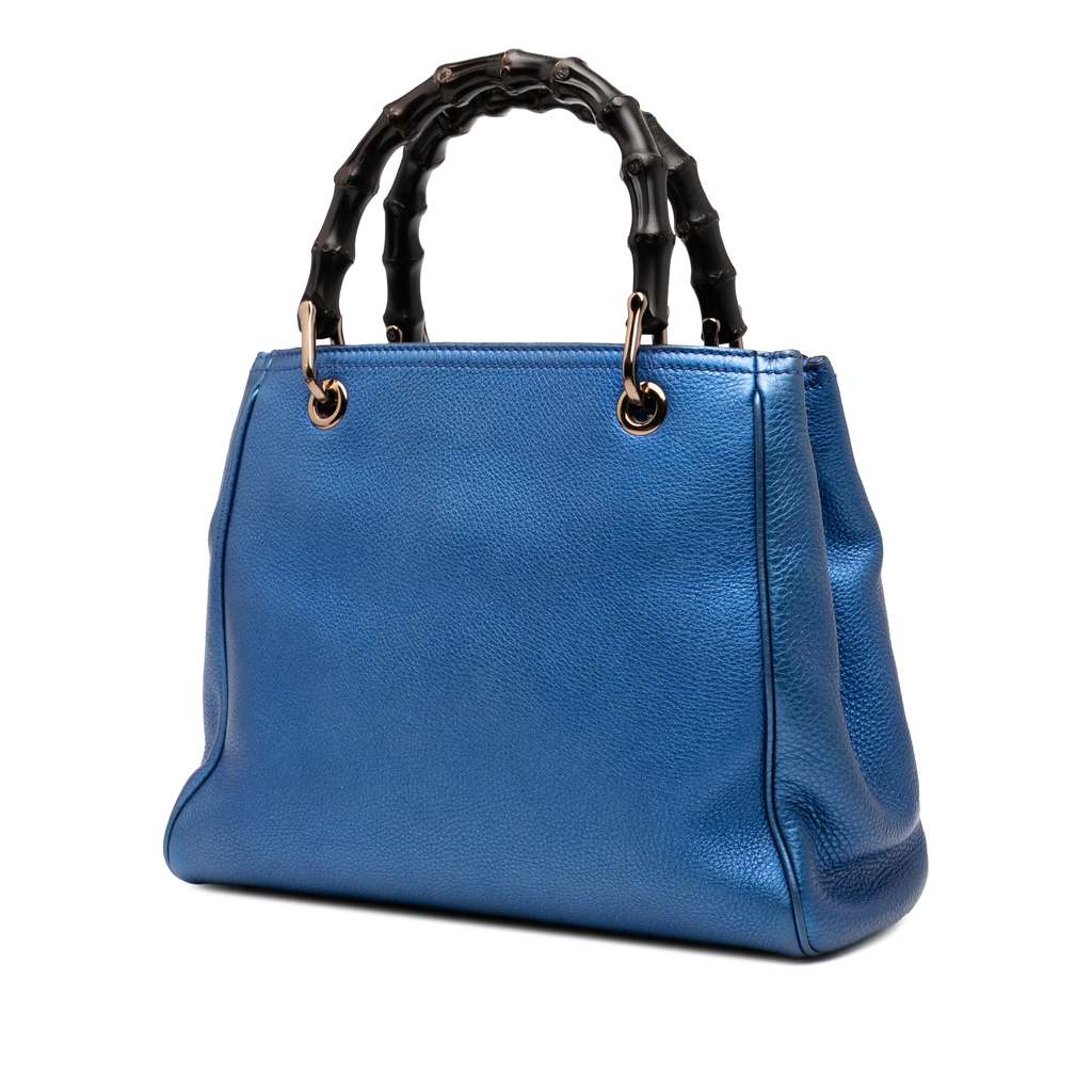 Gucci Small Metallic Calfskin Bamboo Shopper Satchel Blue Leather Good condition - Back View