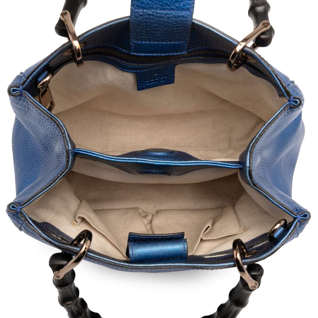 Gucci Small Metallic Calfskin Bamboo Shopper Satchel Blue Leather Good condition - Model View