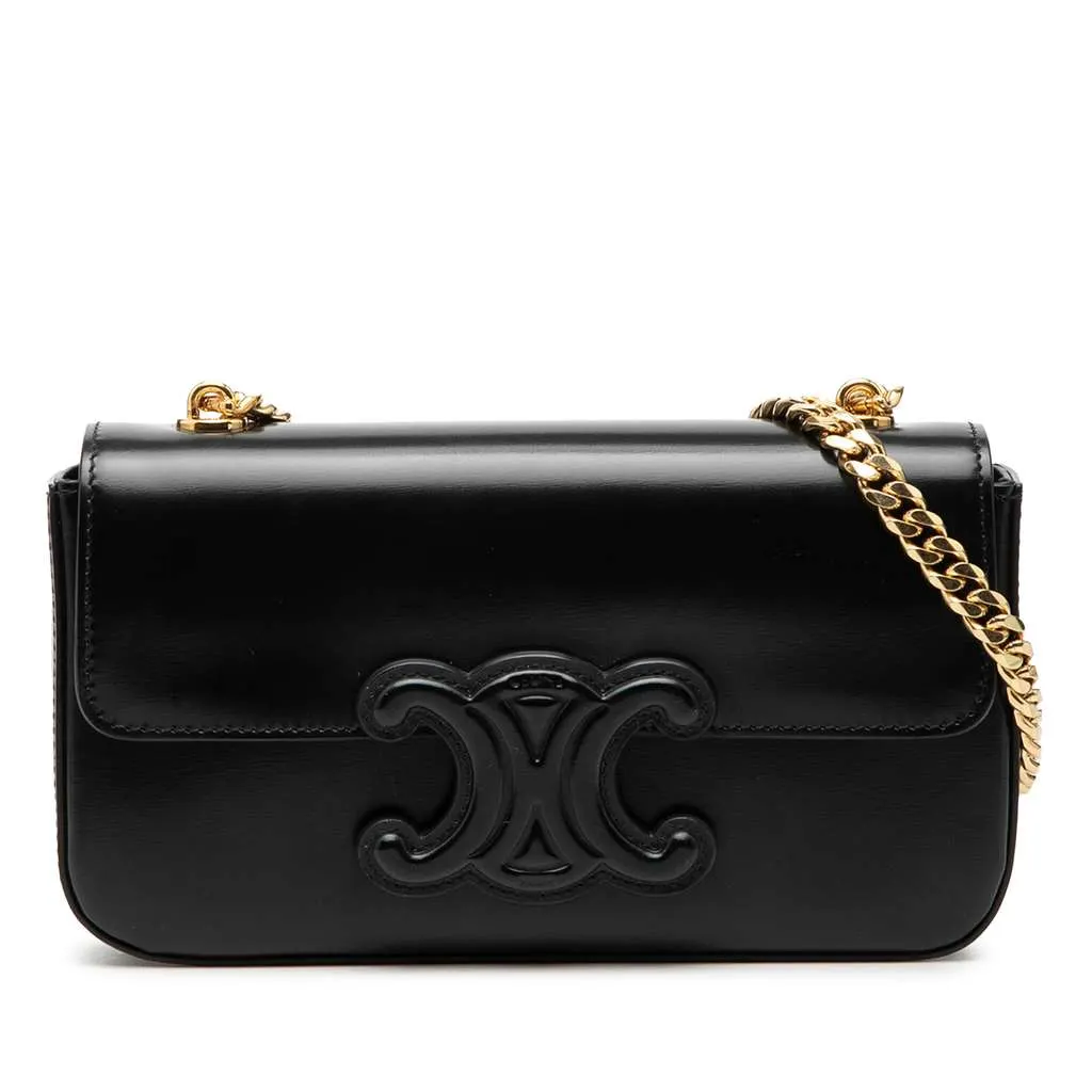 Celine Smooth Calfskin Cuir Triomphe Chain Shoulder Bag Black Leather Very good - Front View